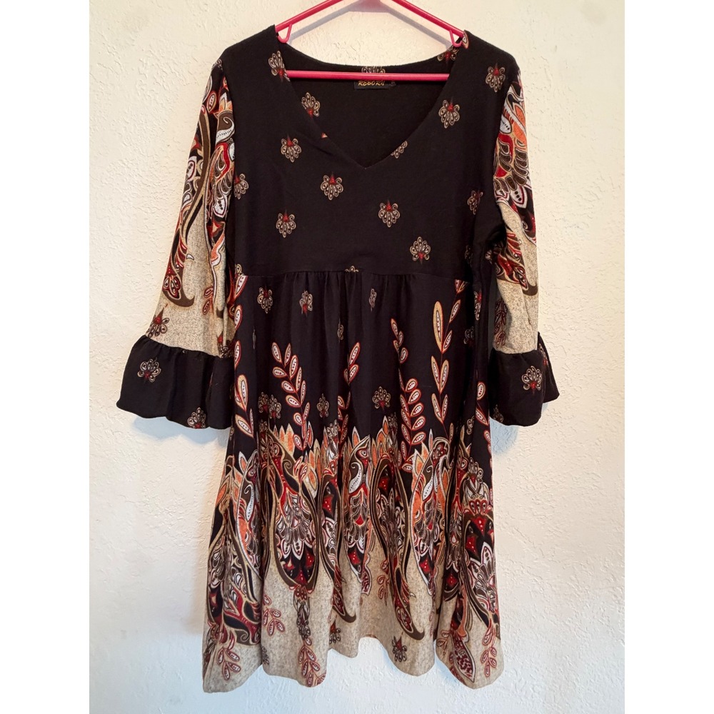 Reborn Paisley Floral Empire Waist Bell Sleeve Tunic Dress Black 1XL #447